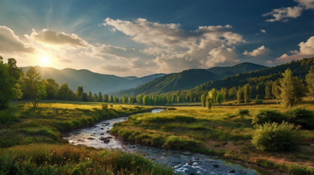 Beautiful mountain landscape with a river and forest at sunset in summerの写真素材