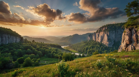 Beautiful summer landscape in the mountains. Sunrise over the river.