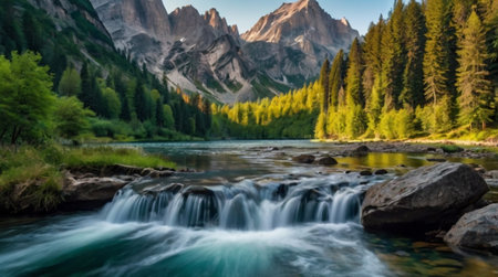 Waterfall in the Dolomites, Italy. Summer landscape.の写真素材
