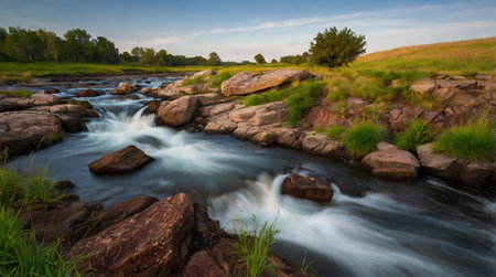 Mountain river flowing through the rocks. Beautiful summer landscape. Long exposure.