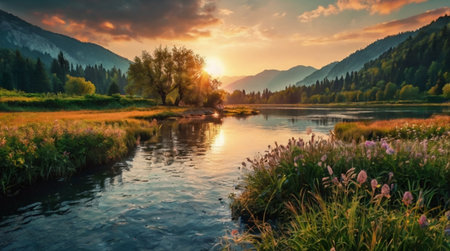 Mountain river at sunset. Beautiful summer landscape in the mountains.の写真素材