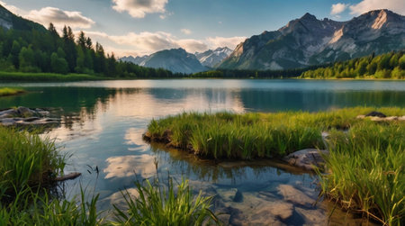 Panoramic view of the alpine lake in the Austrian Alps