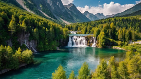 Beautiful view of the waterfall on the mountain lake in the mountainsの写真素材