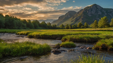 Mountain river in the mountains at sunset. Beautiful summer landscape.