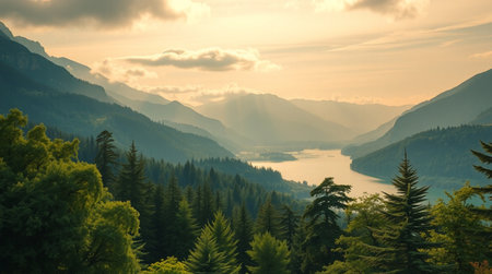 Mountain landscape with lake and forest at sunset. Nature composition.の写真素材