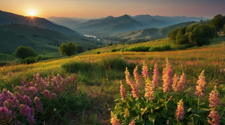 Sunset in the mountains. Beautiful summer landscape with pink flowers.の写真素材