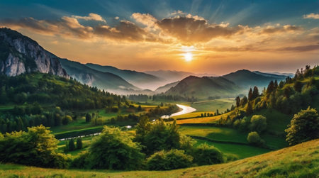 Sunset in the mountains. Panorama of the Carpathian Mountainsの写真素材