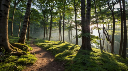 Beautiful sunrise in the forest with green trees and a path.