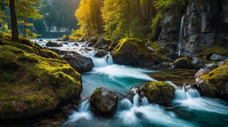 Mountain stream in the autumn forest. Beautiful landscape with a mountain riverの写真素材