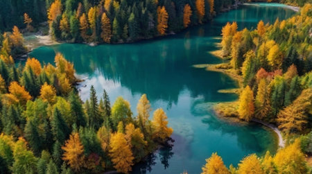 Beautiful autumn landscape with colorful forest and lake. Aerial view.