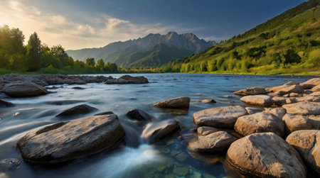 Panoramic view of the mountain river in the Altai mountains