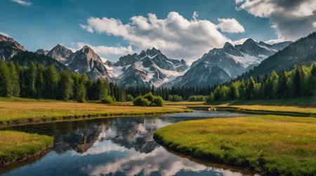 Panoramic view of the lake and mountains. Summer landscape.の写真素材