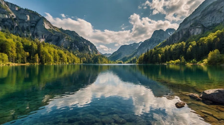 Mountain lake with reflection of mountains in a crystal clear water.