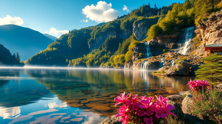 Mountain lake with waterfall and flowers in the foreground, Switzerland.の写真素材