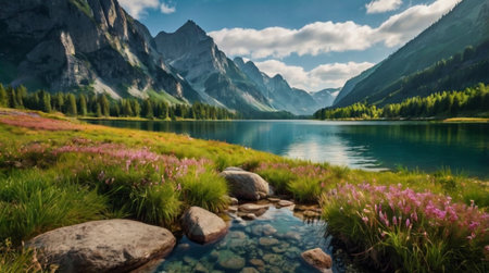 Beautiful alpine lake in the mountains. Summer landscape with pink flowers.の写真素材