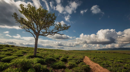 Lonely tree in the middle of a green field in South Africaの写真素材