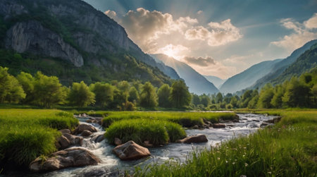 Panoramic view of the mountain river at sunset. Beautiful summer landscape.の写真素材