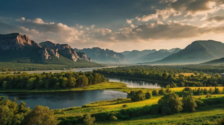 Panoramic view of the river and mountains. Beautiful summer landscape.の写真素材