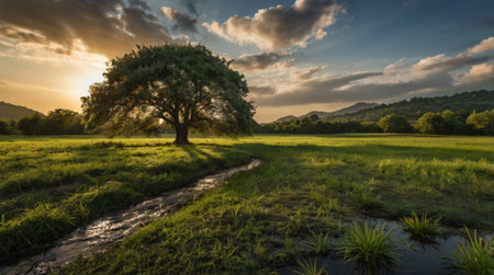 Sunset over meadow with tree in the foreground