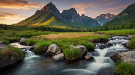 Mountain landscape with a river and a mountain range at sunset.の写真素材
