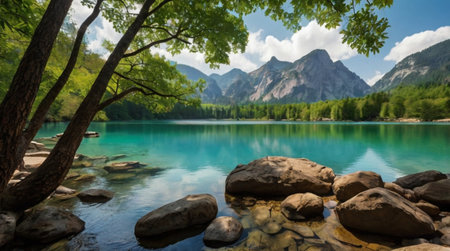 Beautiful mountain lake with crystal clear water and high mountains in background
