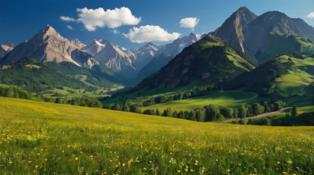 Panoramic view of mountains and meadow with yellow flowers.