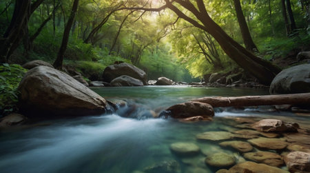 beautiful stream in the forest at summer, long exposure photo.