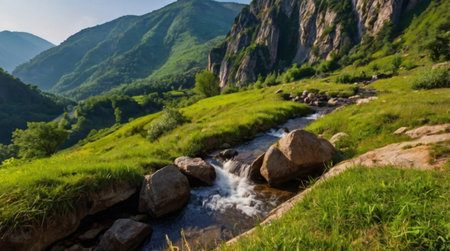 Beautiful mountain landscape with a stream in the mountains. Summer landscape.