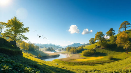 Panoramic view of idyllic lake in a sunny day