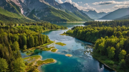 Aerial view of a beautiful mountain lake. Mountain lake in the mountains.