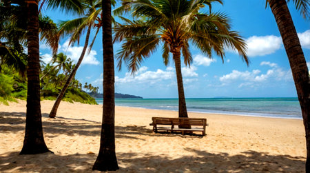 Beautiful tropical beach with palm trees and bench on the sand.