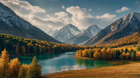 Panoramic view of alpine lake and mountains in autumn season.の写真素材