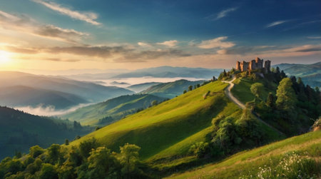 Beautiful sunset over the castle ruins in Carpathian mountains.の写真素材