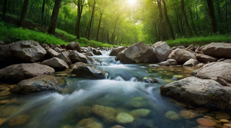 Mountain river flowing through the green forest in summer, long exposureの写真素材