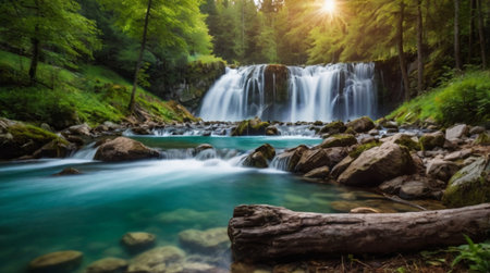 Waterfall in the forest. Beautiful summer landscape with a waterfall in the forest.の写真素材