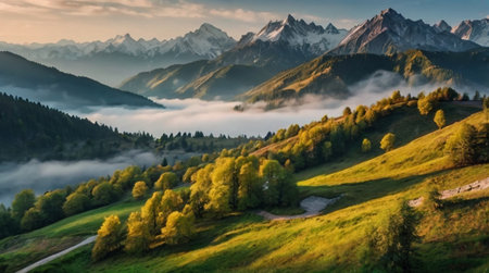 Foggy morning in the swiss alps, Switzerland.の写真素材