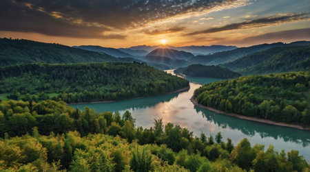 Aerial view of beautiful mountain landscape with river and forest at sunsetの写真素材