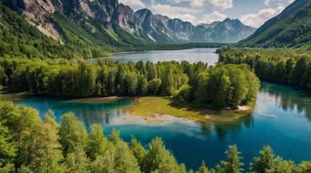 Aerial view of beautiful lake in mountains. Mountain lake in the Alps.