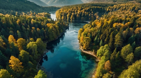 Aerial view of the river in the autumn forest. Beautiful autumn landscape.