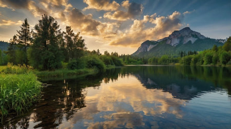Panoramic view of a mountain lake with reflection in the waterの写真素材