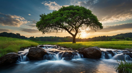 Beautiful landscape with a tree in the meadow and a riverの写真素材