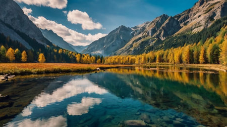 Panoramic view of autumn alpine lake with reflection in water.の写真素材