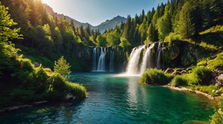 Beautiful waterfall in the mountains of the Swiss Alps in summer.の写真素材