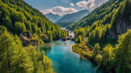 Aerial view of a beautiful mountain river flowing through the green forestの写真素材