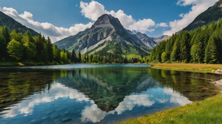 Panoramic view of alpine lake in the mountains. Reflection in water.の写真素材