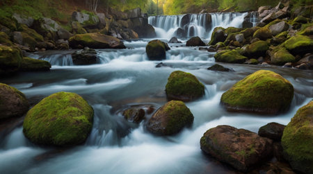 Long exposure of a waterfall flowing over rocks with green moss in the foreground