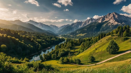 Panoramic view of the mountain valley and the river. Beautiful summer landscape.