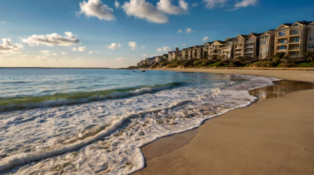 A view of a beach with houses in the background at sunset.