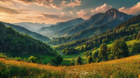 Panoramic view of alpine meadow at sunset. Beautiful summer landscape.