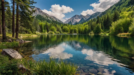 Mountain lake in the Dolomites, Italy. Beautiful summer landscapeの写真素材